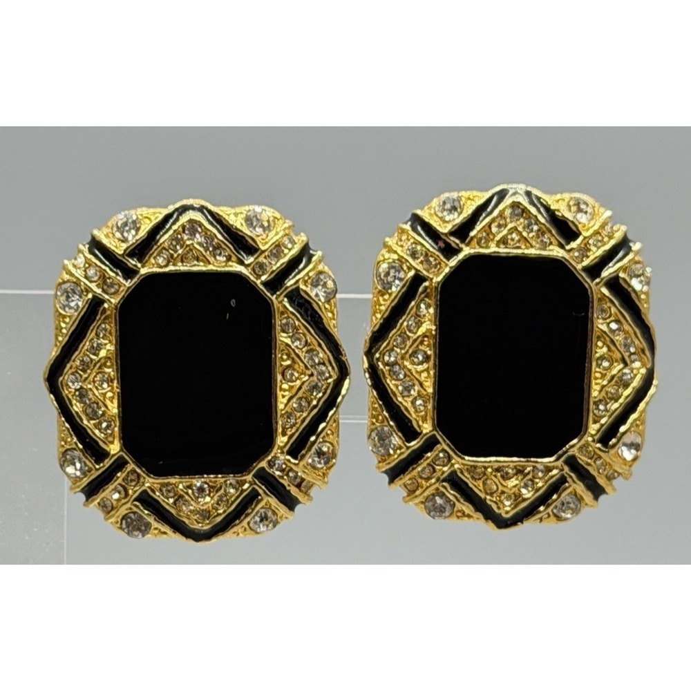 Vintage Gold‎ Tone Black Enamel Center Clear Rhinestone Panel Design Clip On - Picture 8 of 11